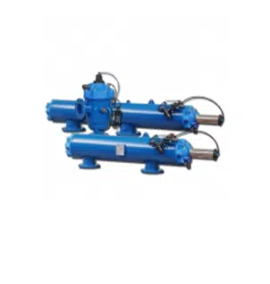 Automatic water filtration for paper mills: Industrial blue cylinders keep water clean.